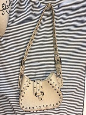 Beige Studded Leather Shoulder Bag